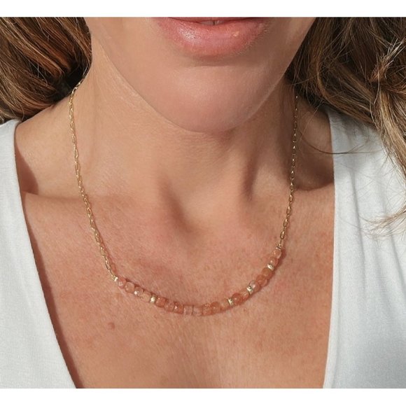 Beautiful Sunstone Gemstone Beaded Necklace Gold paperclip Chain WATERPROOF - Picture 5 of 12
